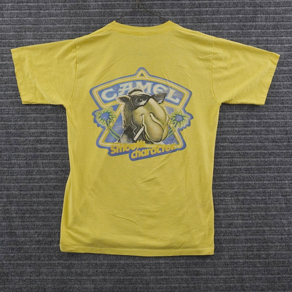 Vintage 80s Camel T-Shirt Mens Medium Yellow Joe Smooth Character Pocket Tee
